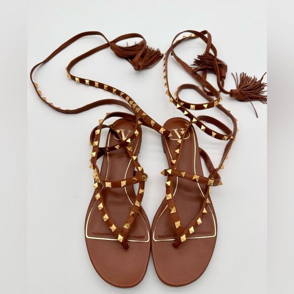 Valentino Garavani Rockstud Thong Sandals Brown Leather Gladiator Tie EU 38 US 8 - Picture 4 of 11